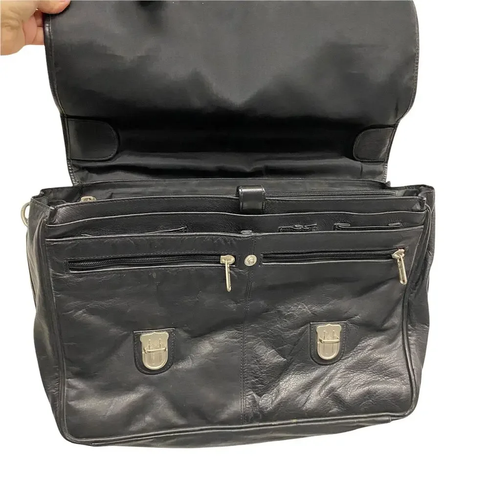 Vintage St Dennis Disney Channel Black Leather Flap Satchel Briefcase